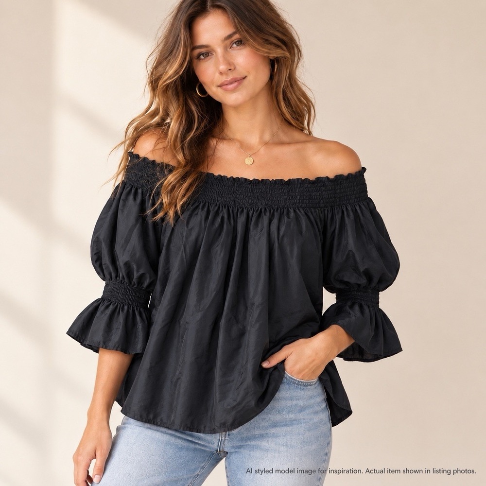 7 For All Mankind Blouse Womens M Black Silk Cotton Off Shoulder Peasant Boho